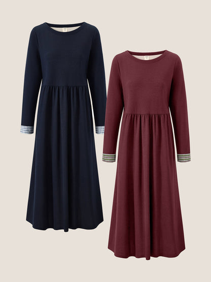 Organic Cotton Patchwork Cuff Crew Neck Casual Midi Dress SCARLETT