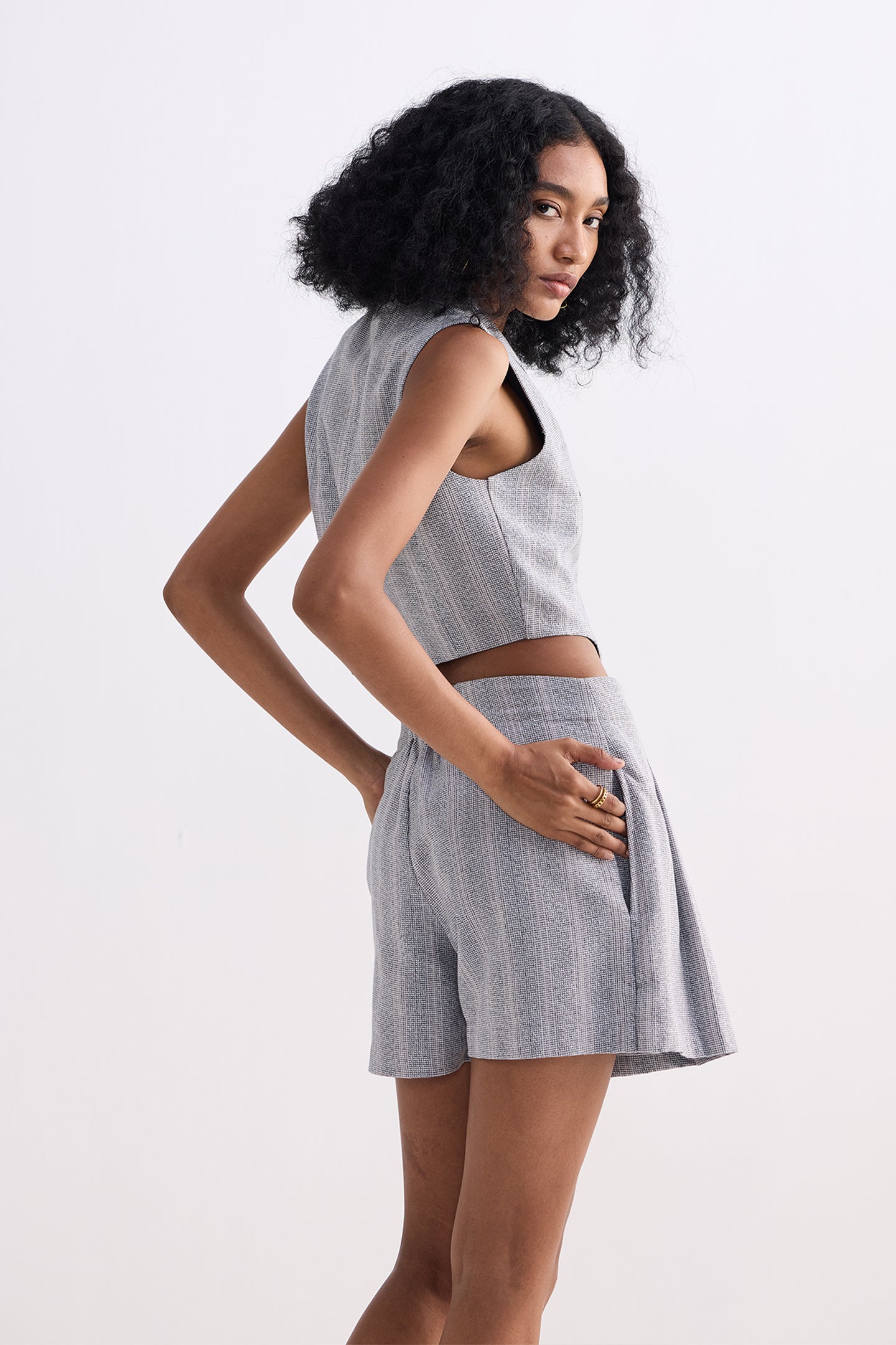 Cropped Cotton Tweed Vest Set in Grey