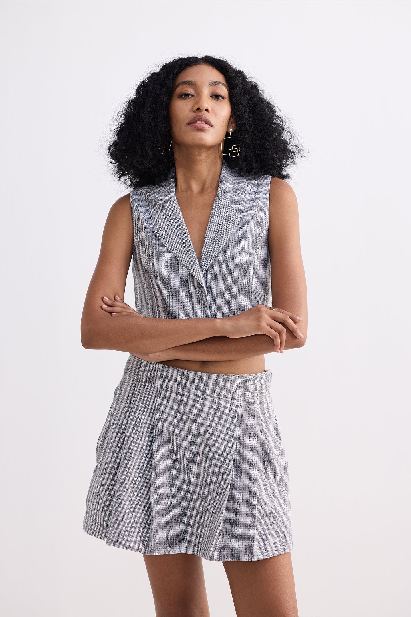 Cropped Cotton Tweed Vest Set in Grey