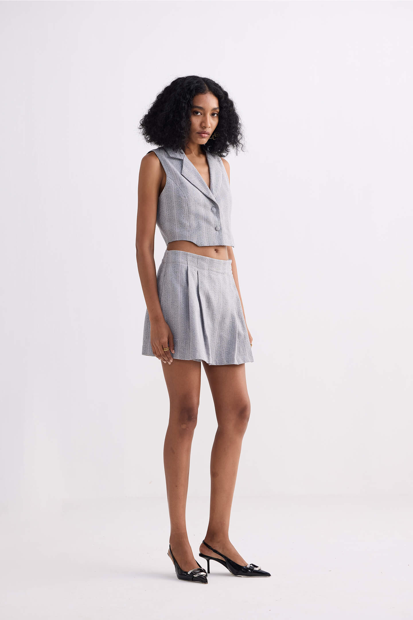 Cropped Cotton Tweed Vest in Grey