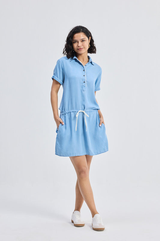 Vestido Camisero Vaquero con Cordón Ajustable y Botones Delanteros en Azul