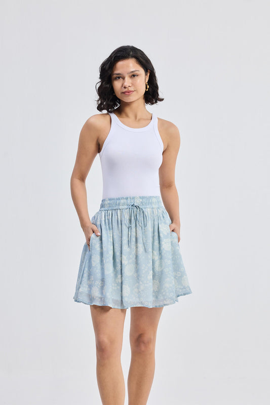Drawstring Short Skirt in Blue Florals