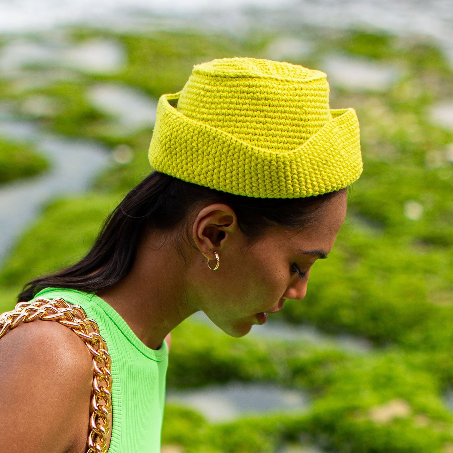 Gorro de crochet GANI en verde neón