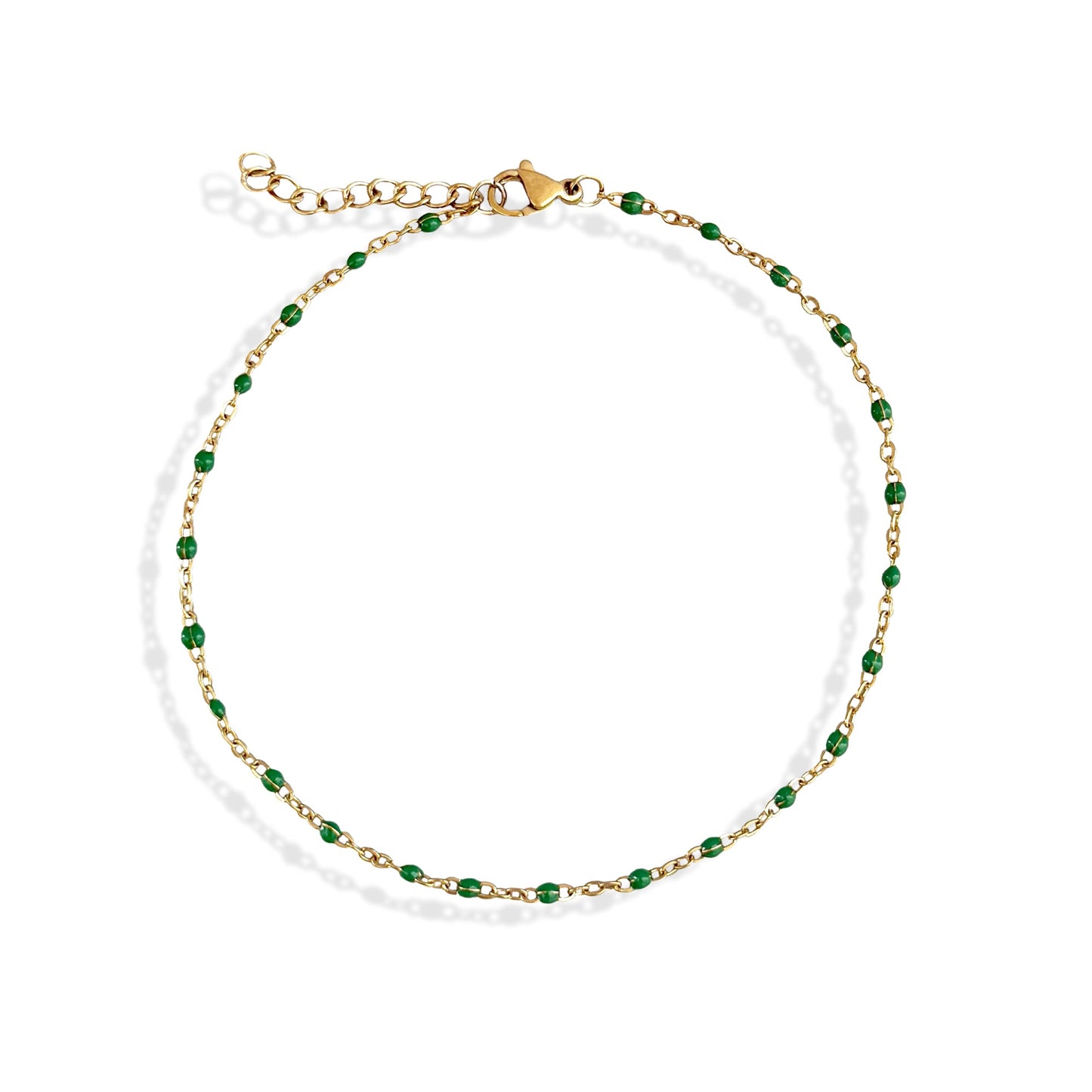 TOBILLERA ROXIE DAINTY DORADA CON CADENA DE CUENTAS VERDES