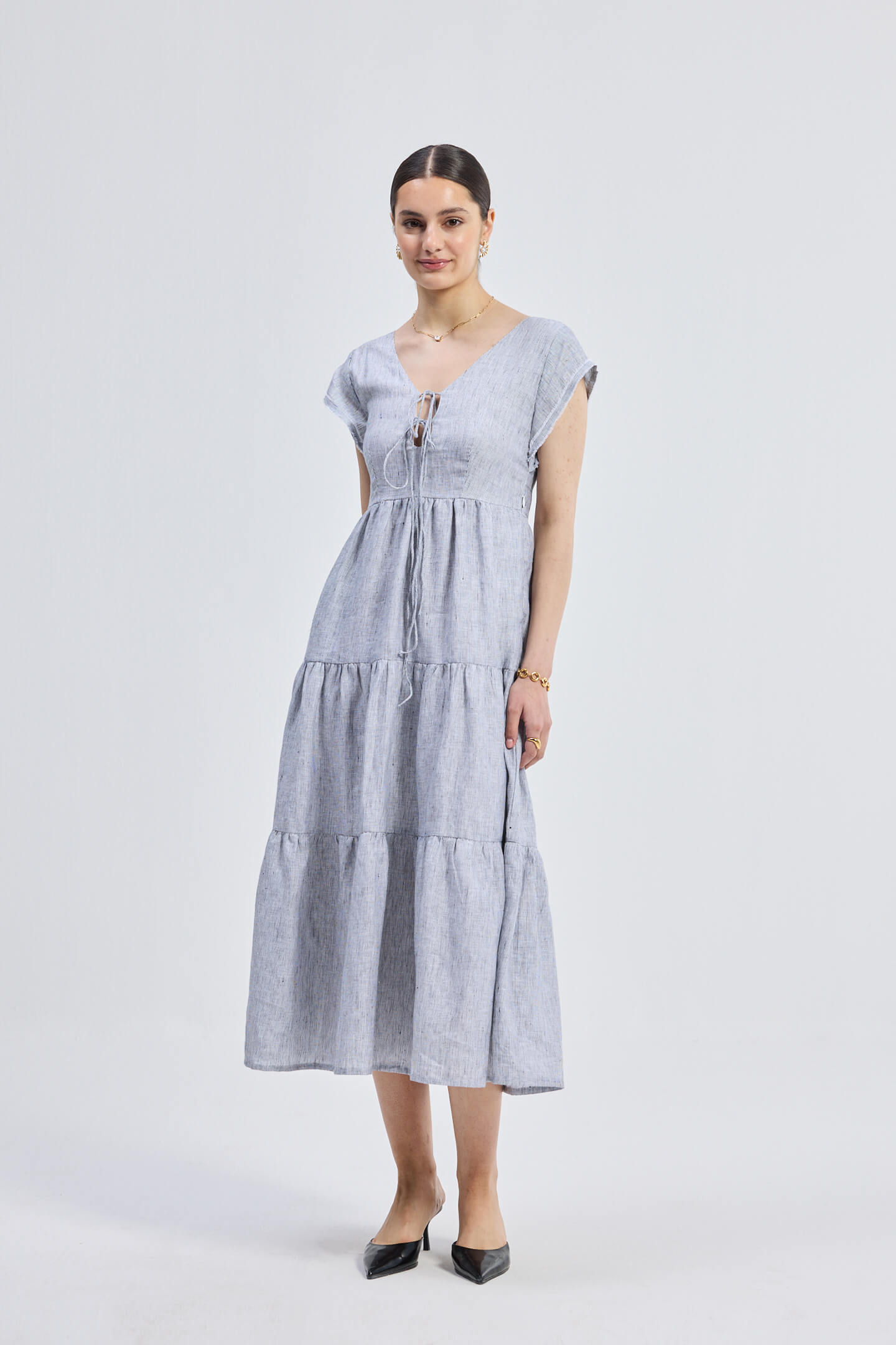 Maxi Tiered Dress with Front-ties in Linen Stripes