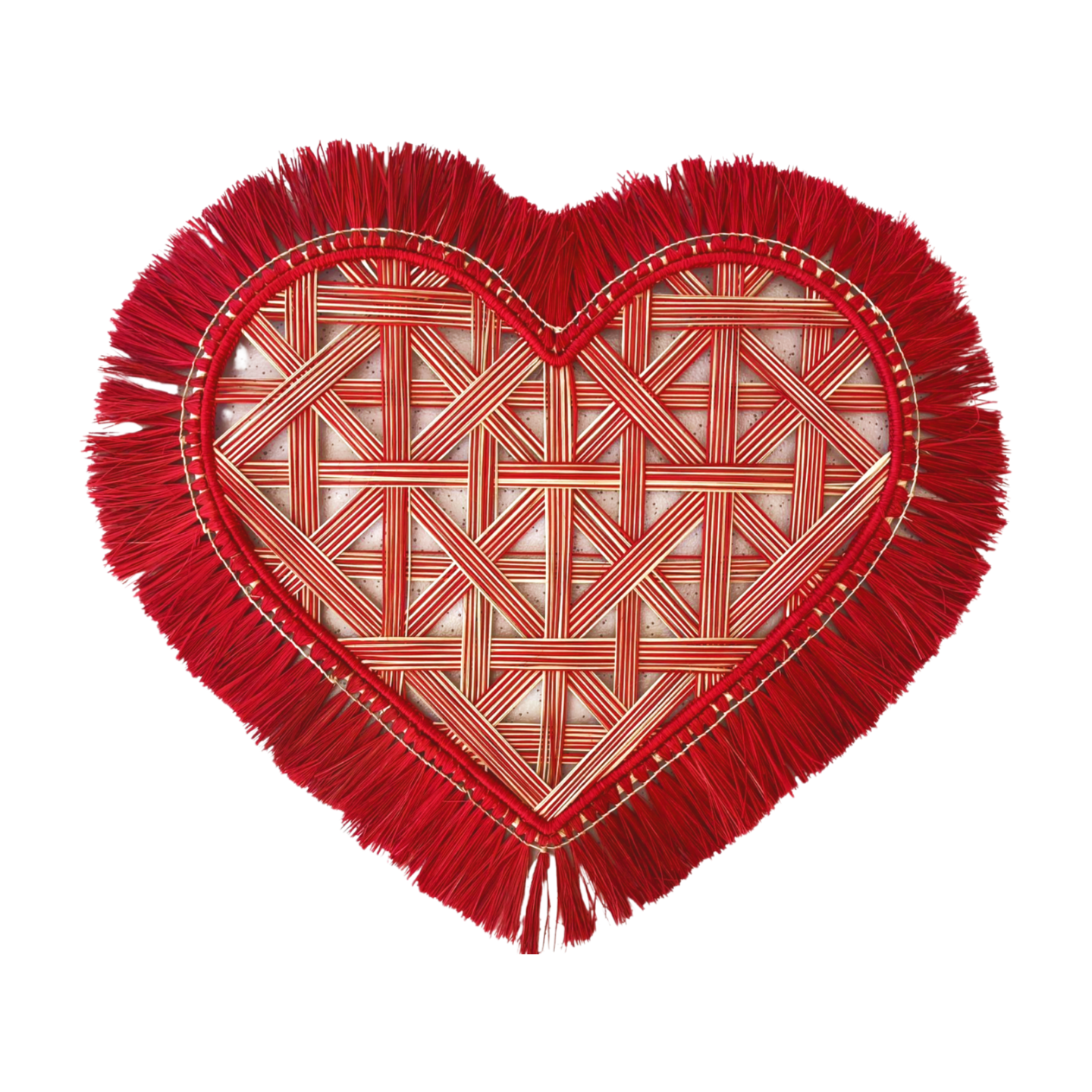Mantel individual de iraca tejido a mano con flecos de corazón