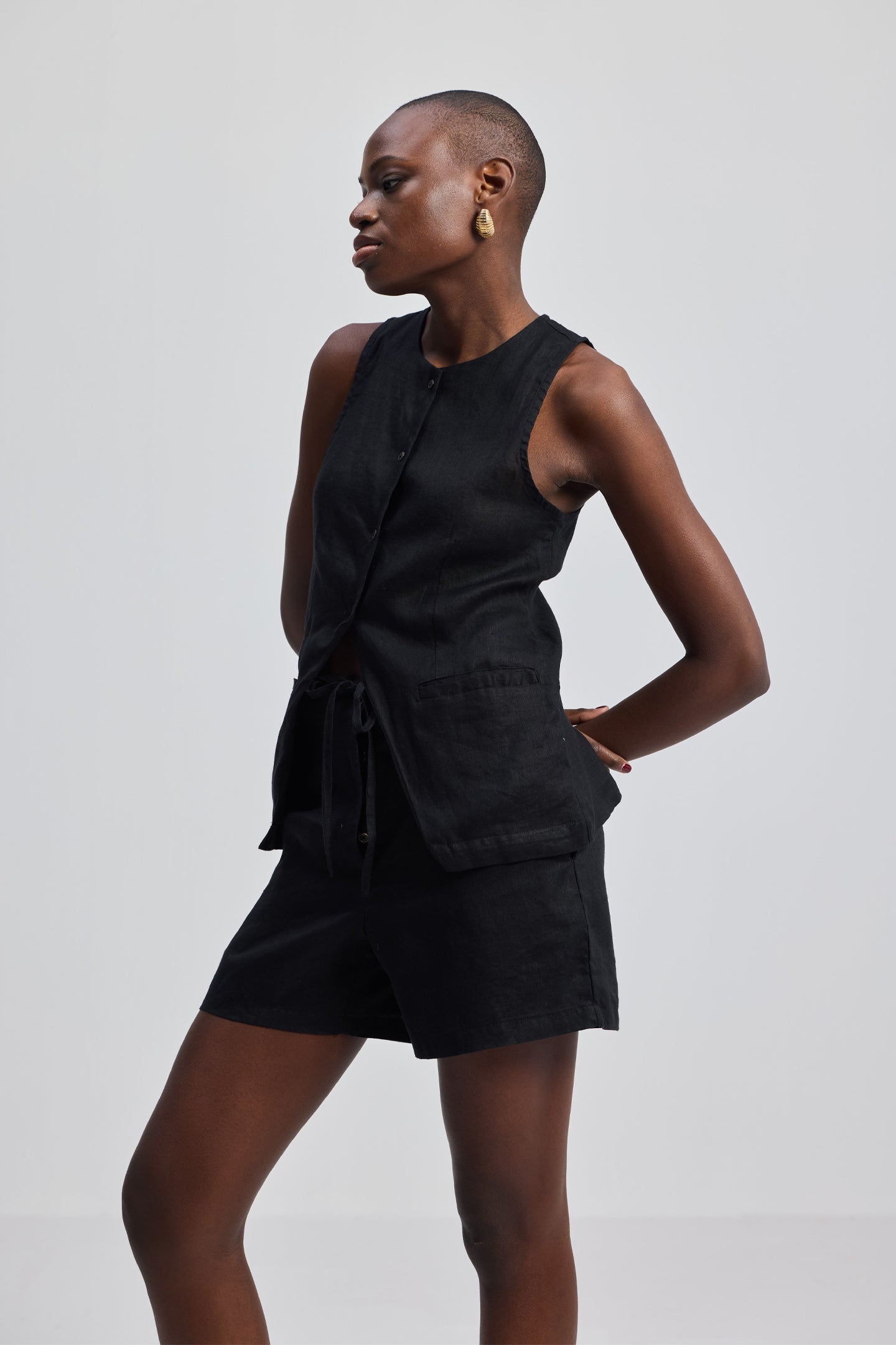 Hemp Vest Jacket Set in Black
