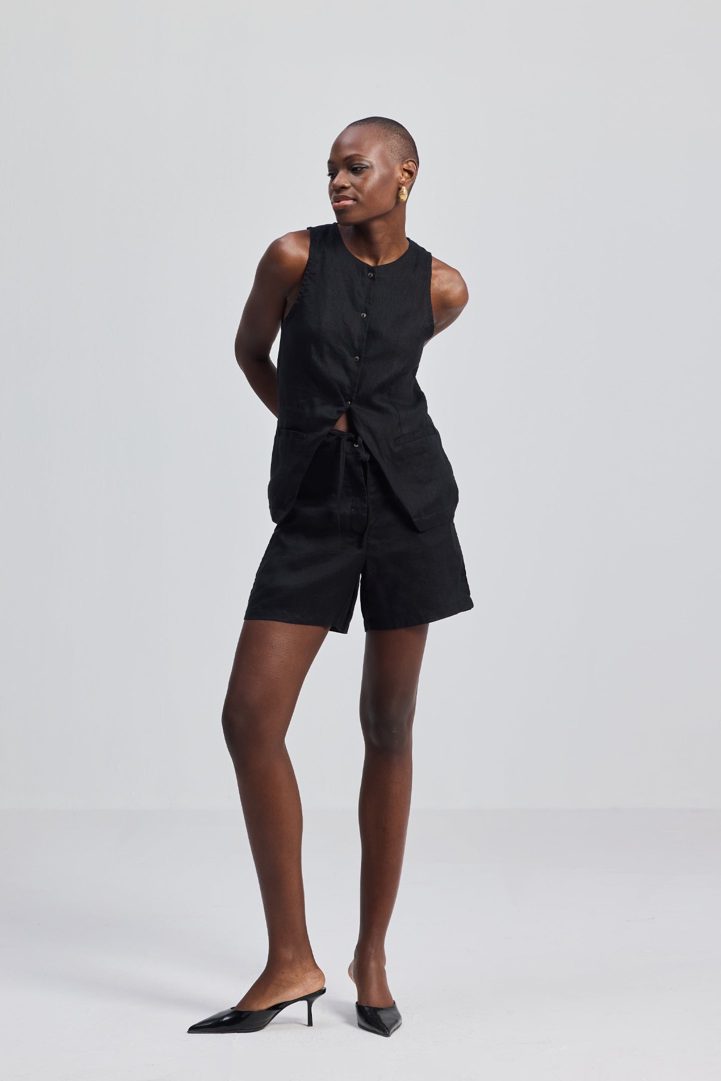 Hemp Vest Jacket Set in Black