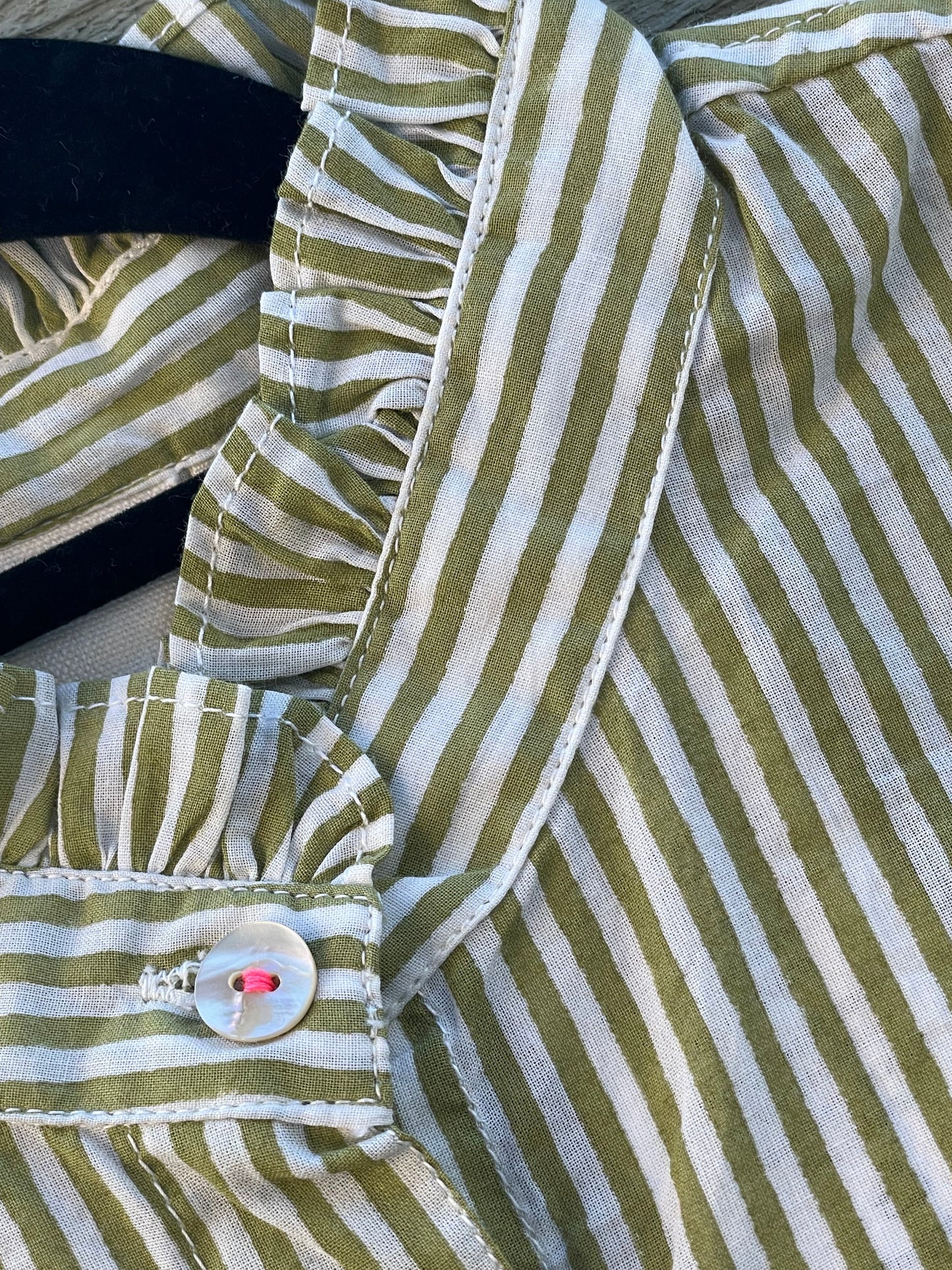 Good Girlfriend Shirt with Ruffle Trim Menswear Stripe Olive