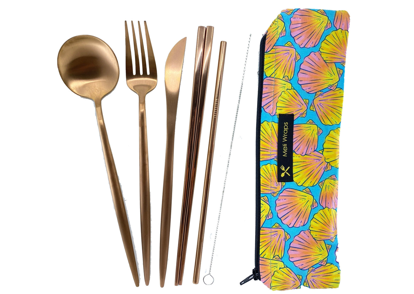 Meli Wraps Rollo a granel de envoltura de cera de abeja + juego de cubiertos con estampado de conchas marinas