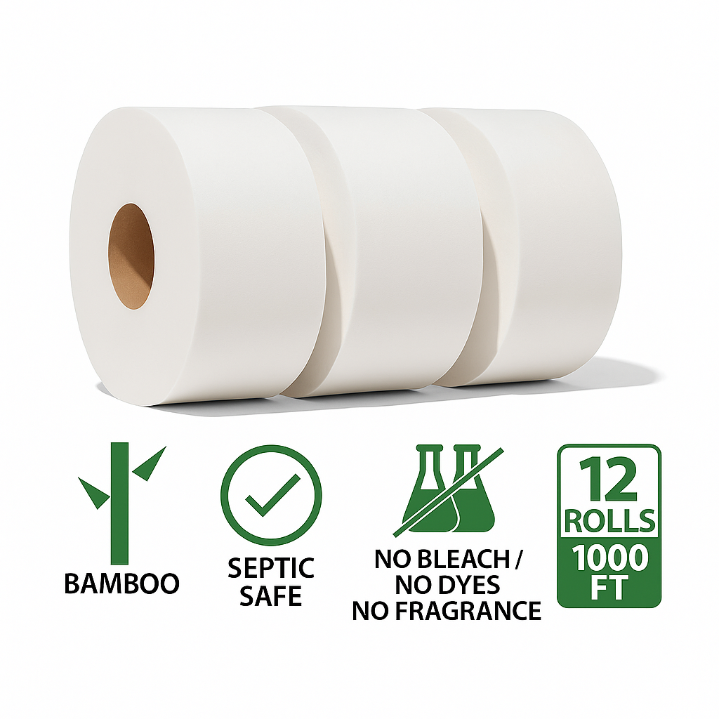 Papel higiénico de bambú, rollo jumbo JRT 12, 2 capas, 1000 hojas, 23 cm de diámetro, a granel, para empresas, comercios y escuelas.
