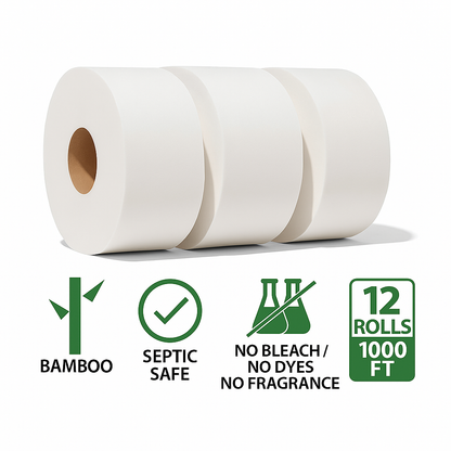 Papel higiénico de bambú, rollo jumbo JRT 12, 2 capas, 1000 hojas, 23 cm de diámetro, a granel, para empresas, comercios y escuelas.