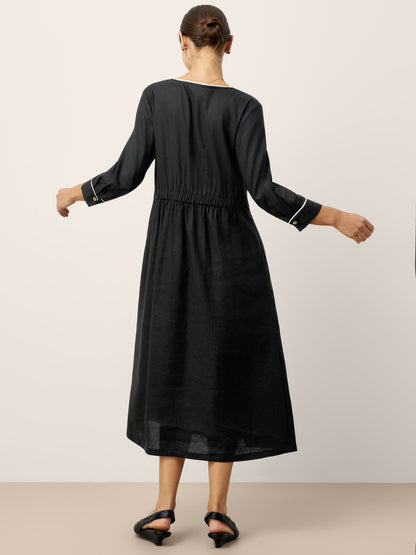 Linen-Lyocell Contrast Trim Gathered Midi Dress NYX