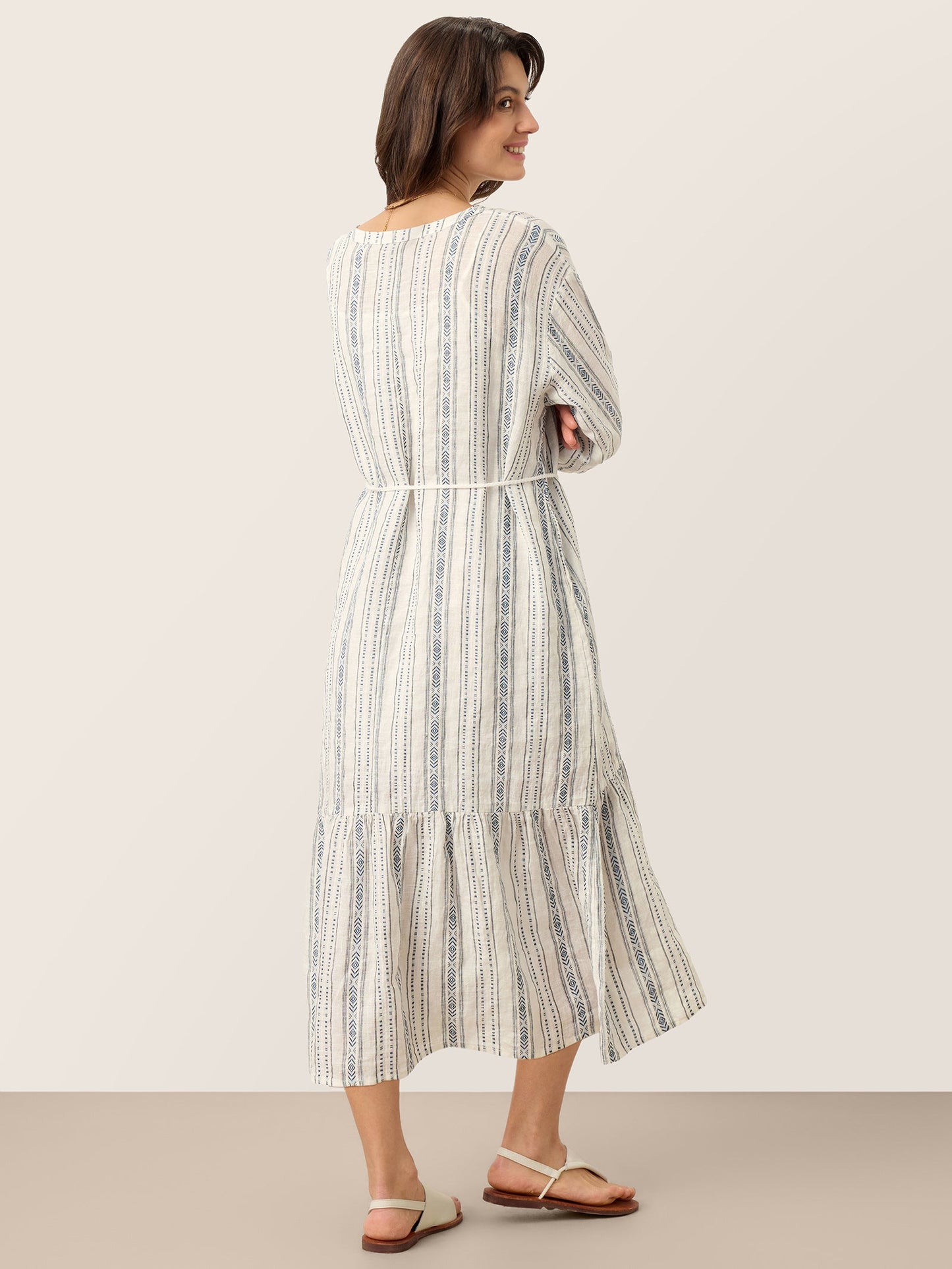 Linen Tribal Stripe Split Neck Bohemian Ruffle Midi Dress with Woven Belt and Slip MARLOWE
