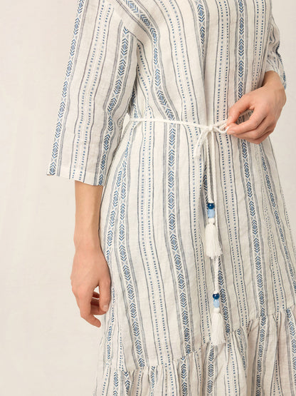 Linen Tribal Stripe Split Neck Bohemian Ruffle Midi Dress with Woven Belt and Slip MARLOWE
