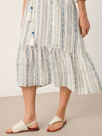 Linen Tribal Stripe Split Neck Bohemian Ruffle Midi Dress with Woven Belt and Slip MARLOWE
