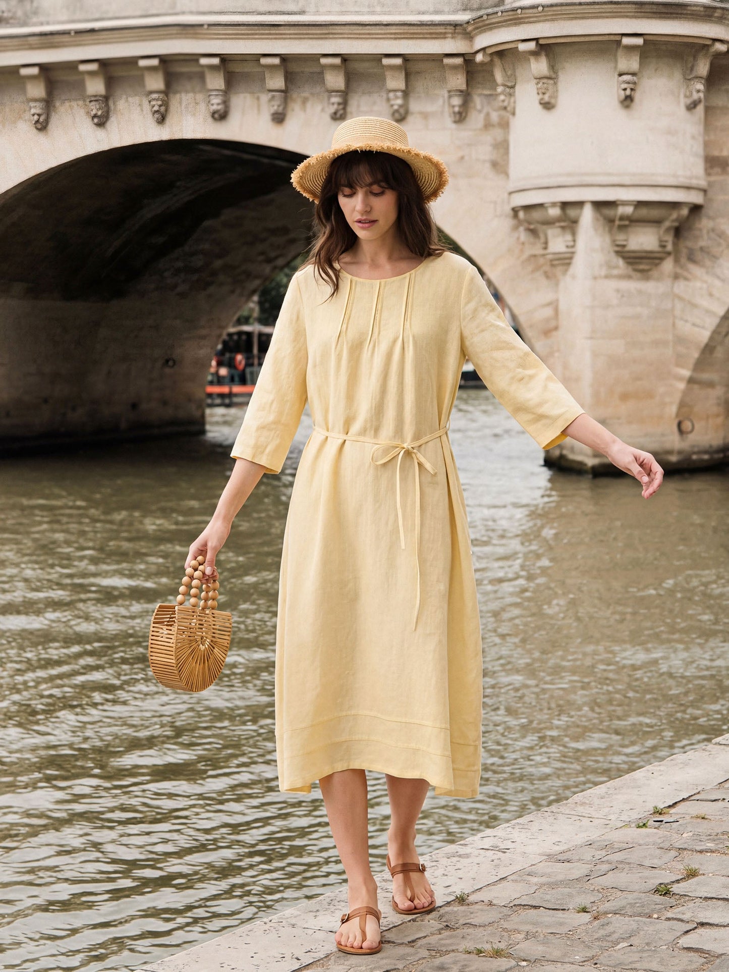 100% Linen Pintucked Embroidered Adjustable Belt Tiered Midi Dress VERENA