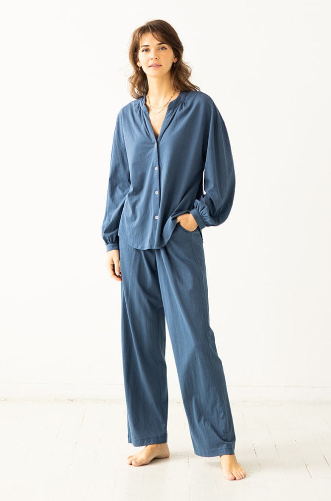 Pijama de algodón pima suave con cuello mandarín