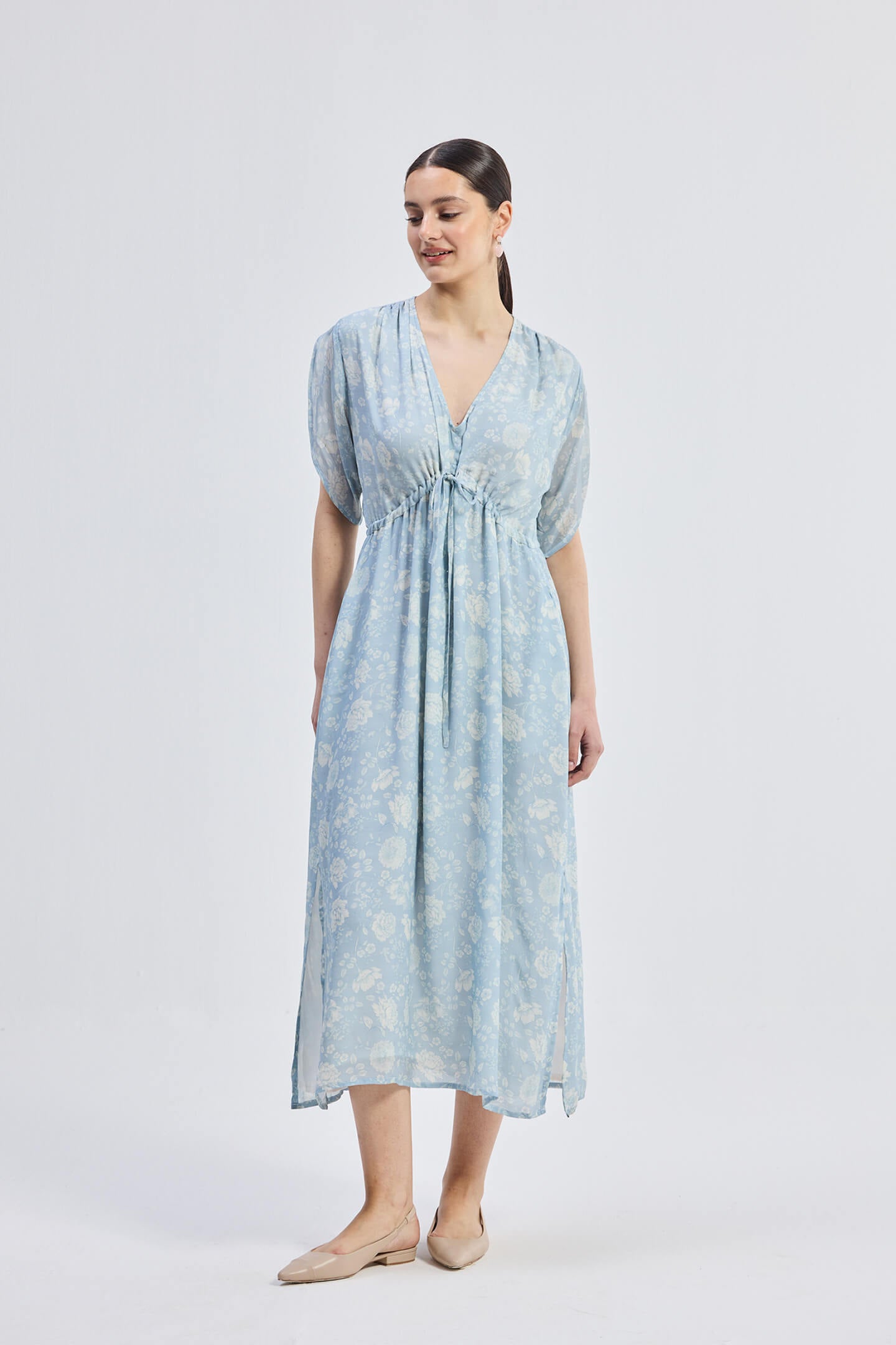 Gathered Maxi Dress with Drawstring in Blue Florals