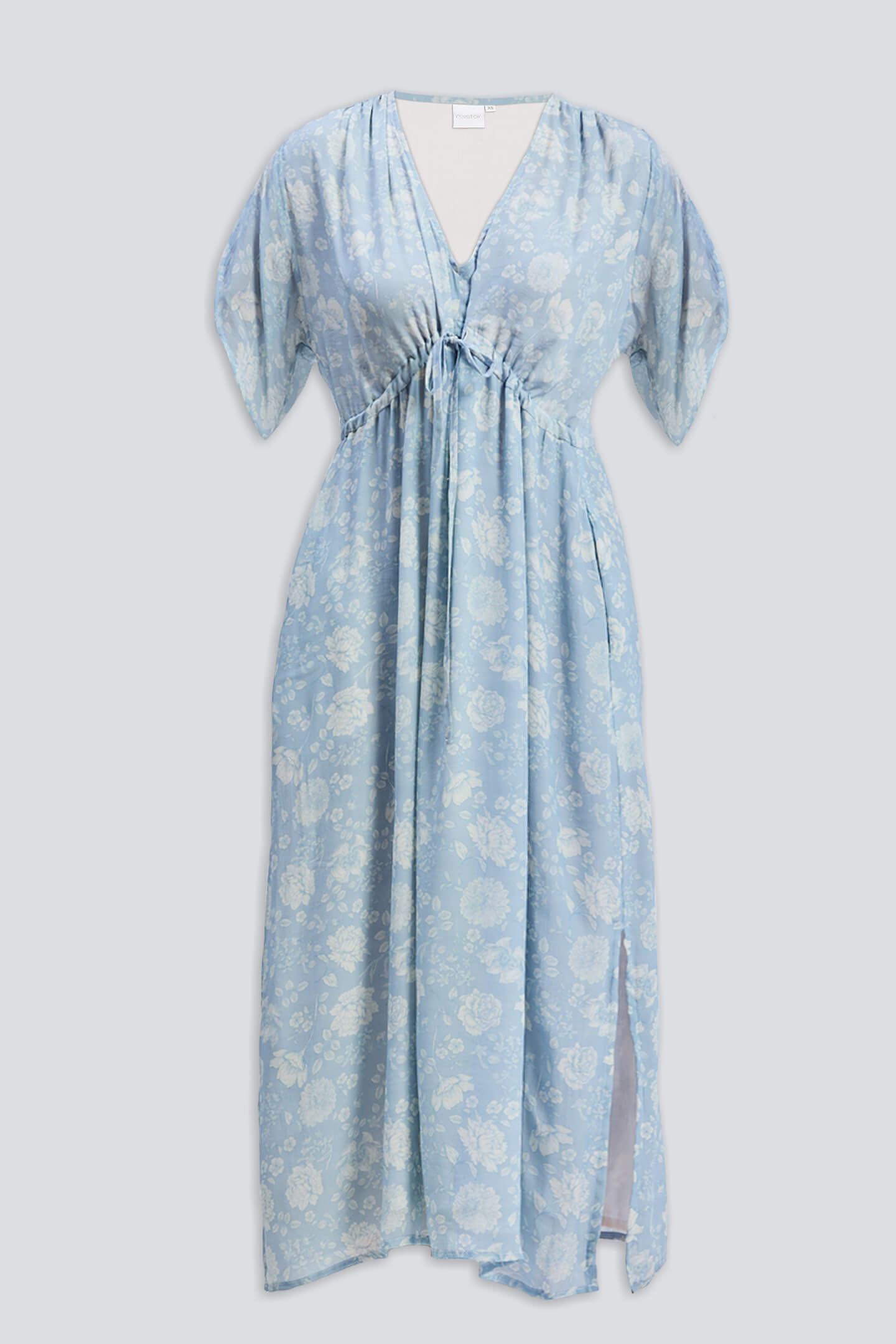 Gathered Maxi Dress with Drawstring in Blue Florals