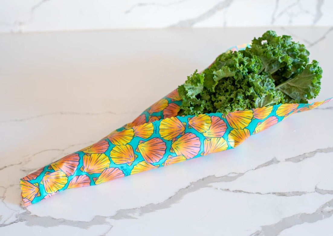 Meli Wraps Rollo a granel de envoltura de cera de abeja + juego de cubiertos con estampado de conchas marinas