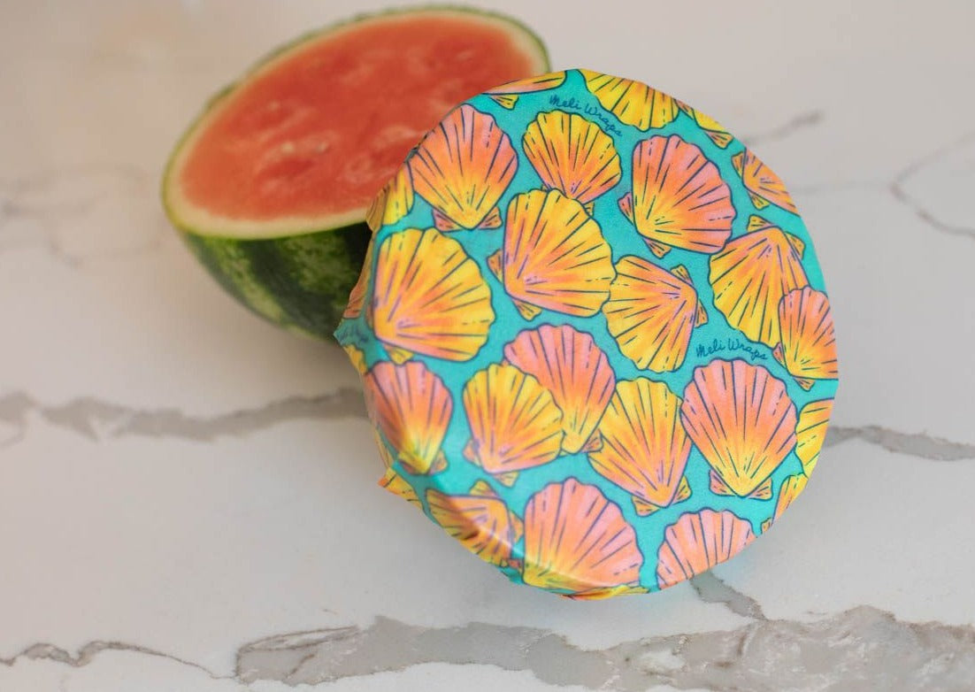 Meli Wraps Rollo a granel de envoltura de cera de abeja + juego de cubiertos con estampado de conchas marinas