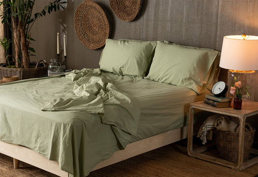 Juego de sábanas y fundas de almohada de algodón orgánico percal arrugado