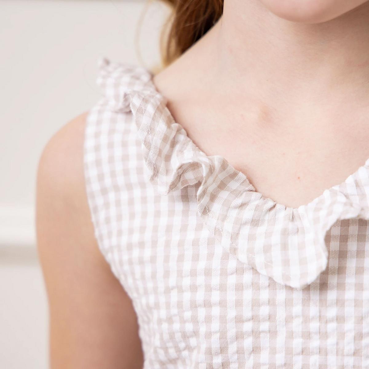 Ruffle Neck Organic Jumpsuit - Taupe Gingham Seersucker