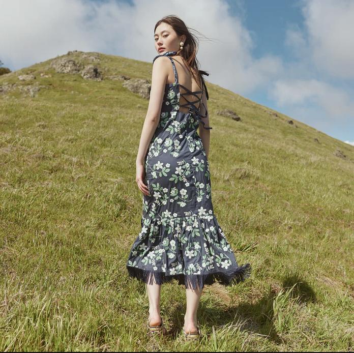 Desirae Embroidered Fringe Midi Dress - Dark Blueberry/Ivory Ditsy Floral Embroidery - FINAL SALE