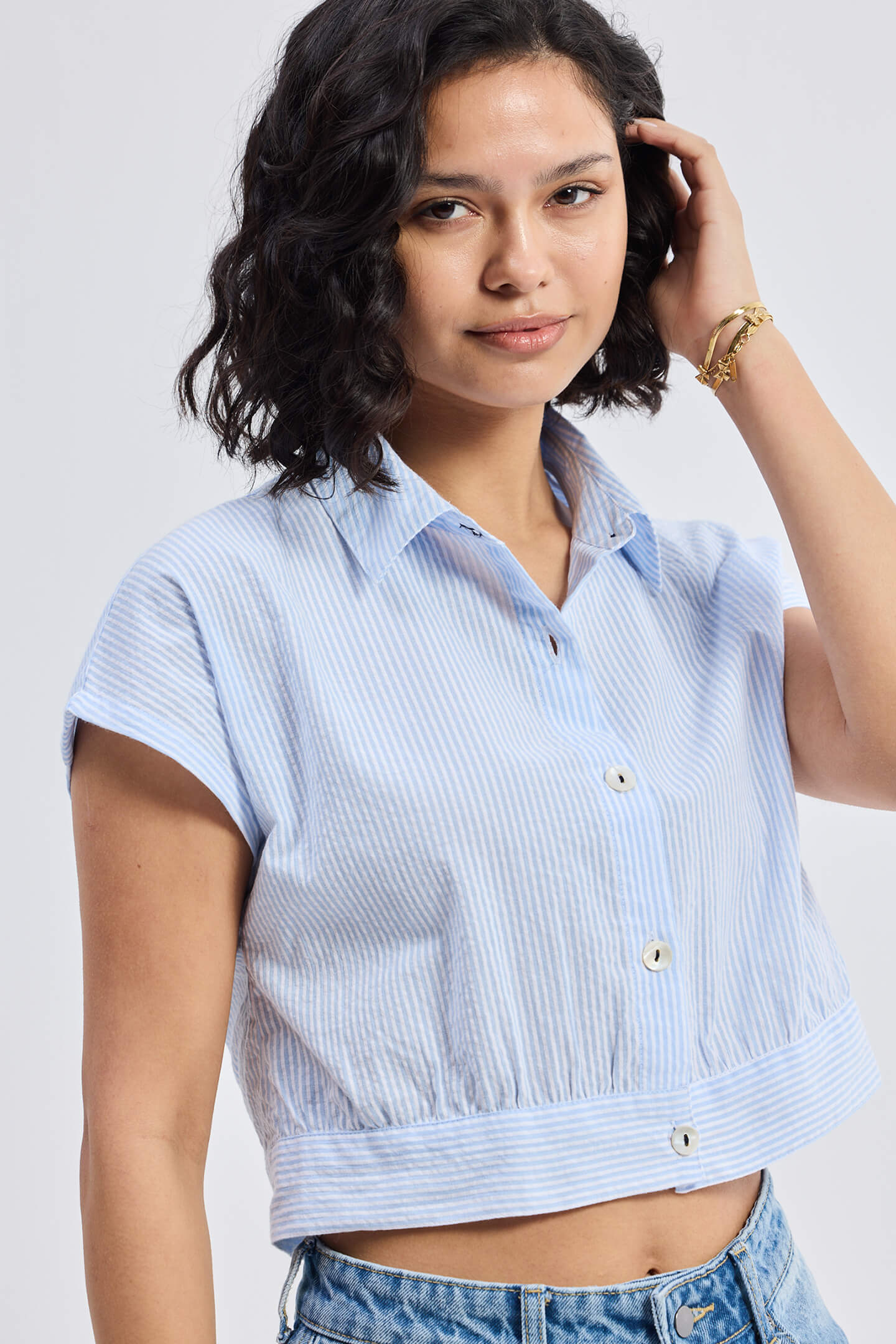 Oversized Crop Shirt in Classic Stripes