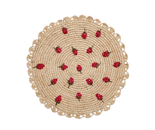 Scattered Strawberry Hand-Crocheted Raffia Palm Round Placemat