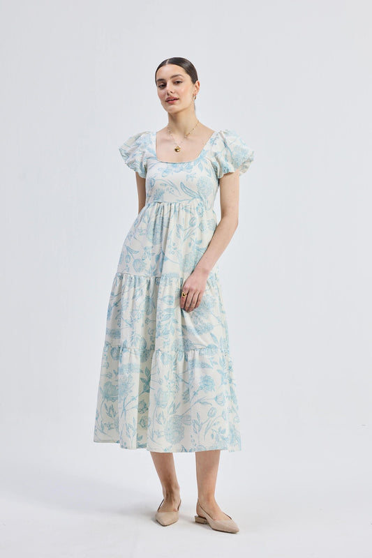 Puff Sleeve Tiered Maxi Dress in Blue Florals
