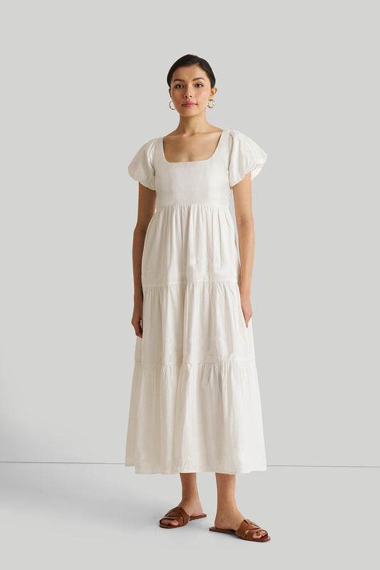 Puff Sleeve Tiered Dress in White