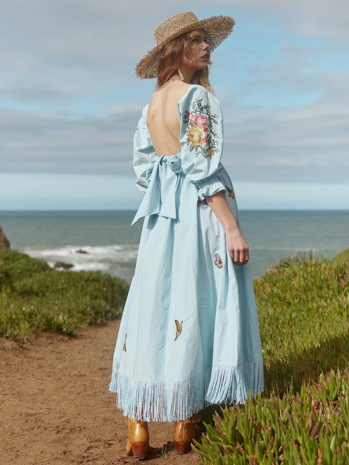 Jocelyn Puff Sleeve Fringe Dress - Light Prussian Blue/Multicolor Butterfly Embroidery - FINAL SALE