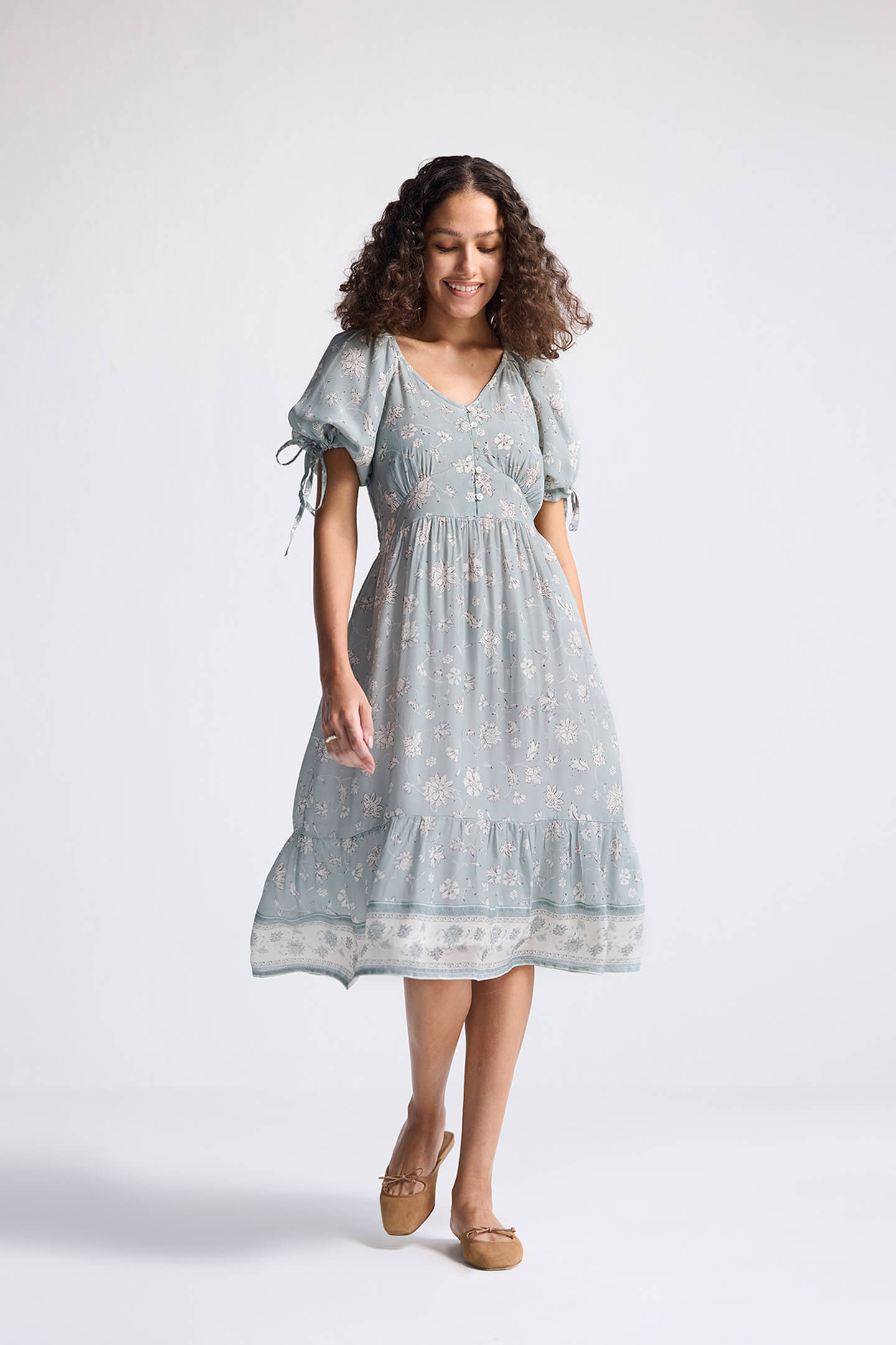 Puff Sleeve Midi Dress in Sage Green