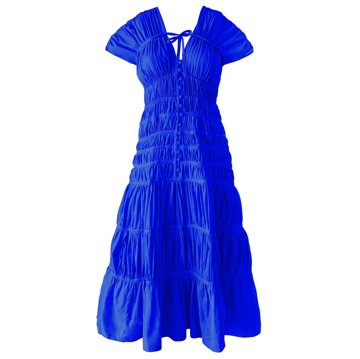 Vestido largo con volantes en azul real SRIKANDI