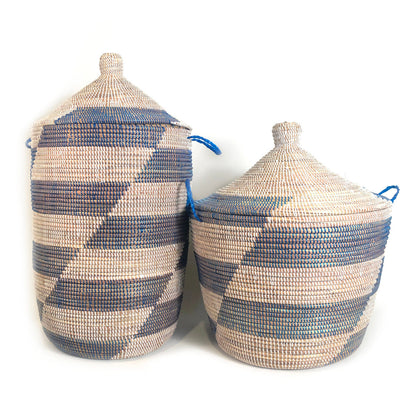 Low Storage Hamper Basket - Blue Stripe Design
