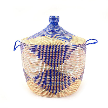 Low Storage Floor Basket - Blue + Natural Diamond Pattern