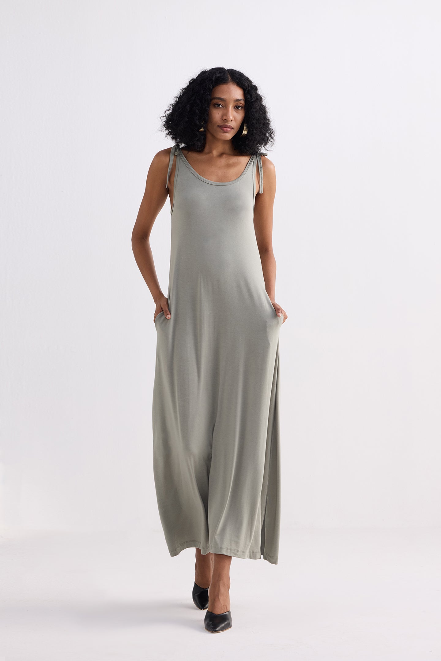 Tie-Detail Maxi Dress in Light Olive