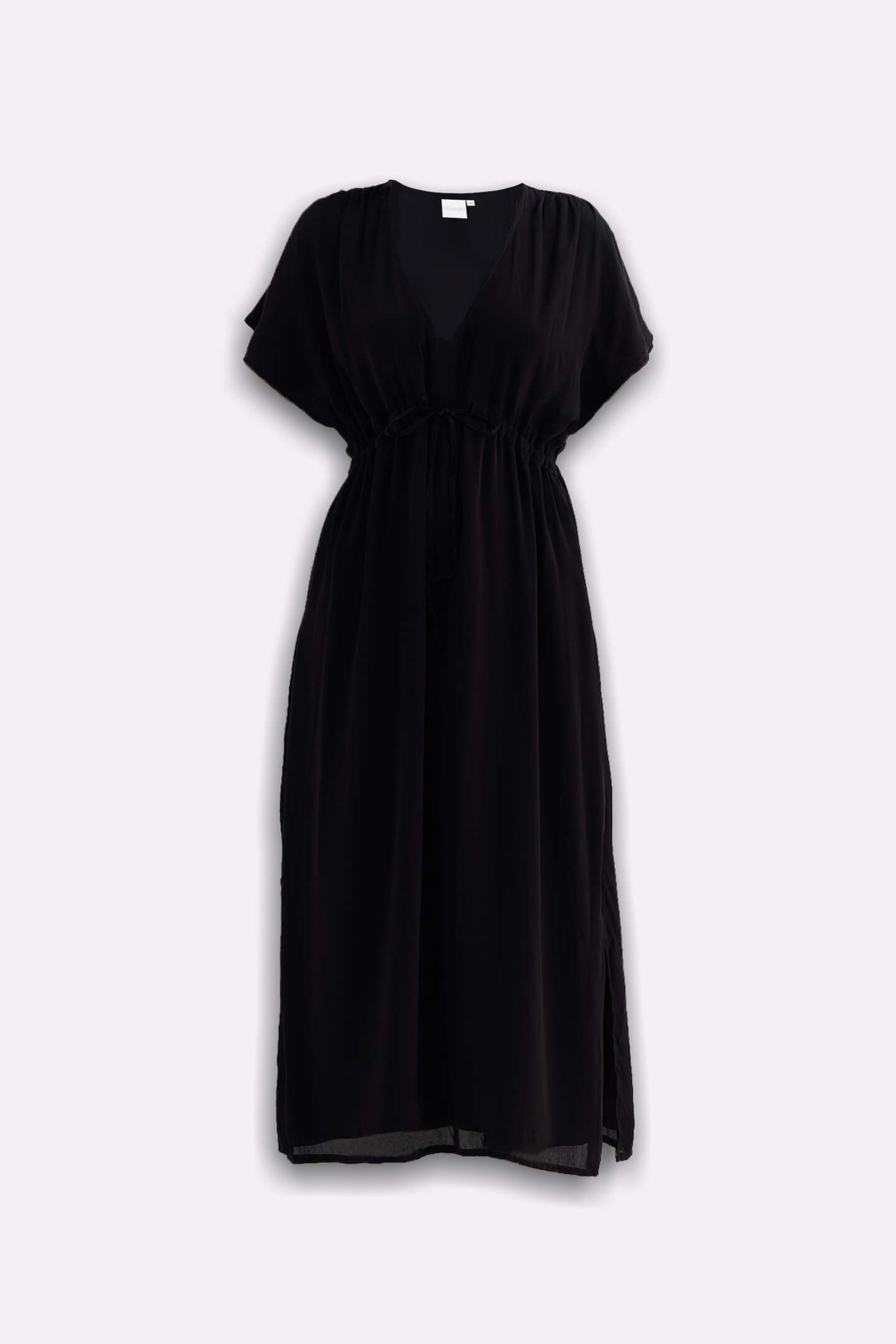 Oversized Gathered V-neck Maxi Dress in Black