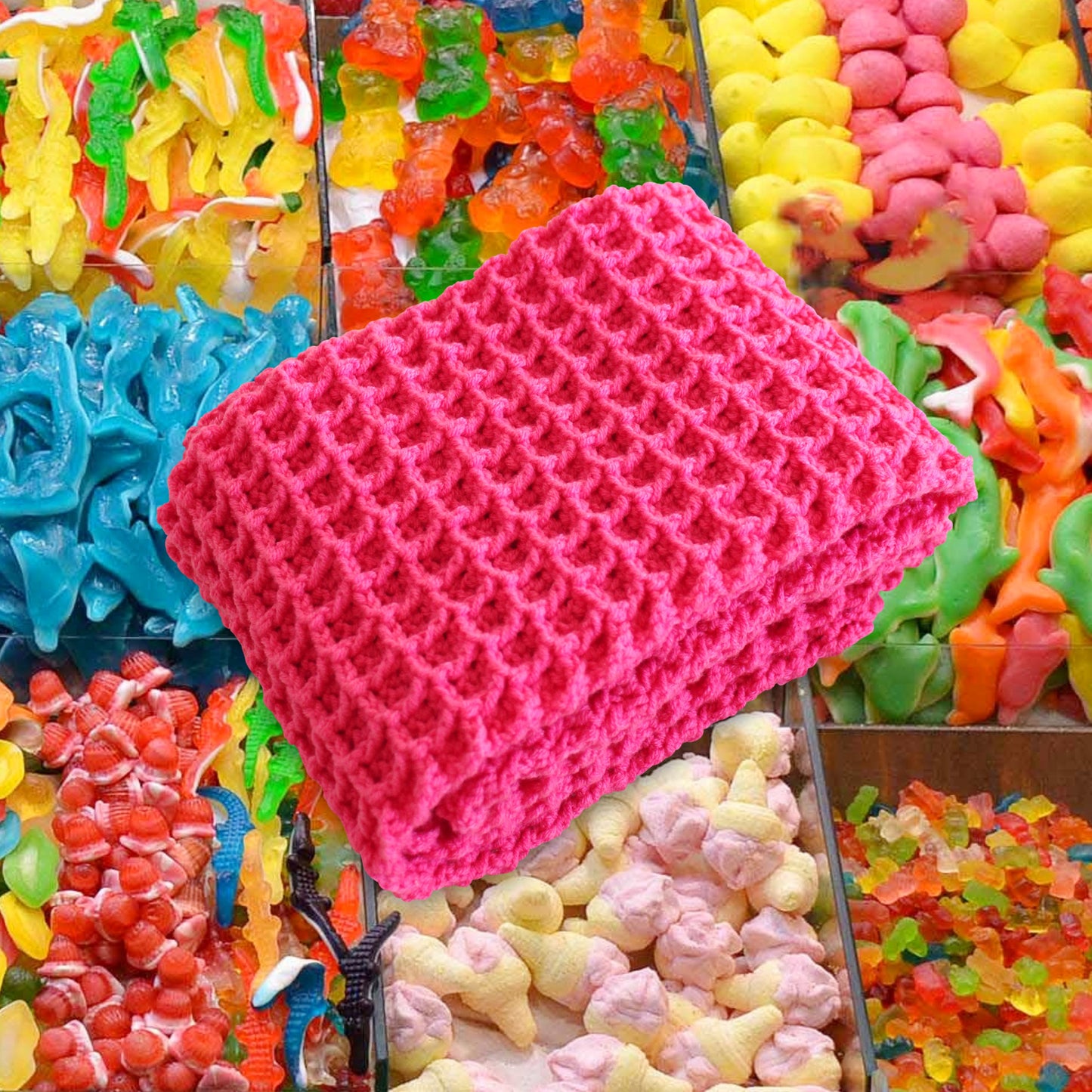 Bufanda de crochet WAFFLE en rosa caramelo