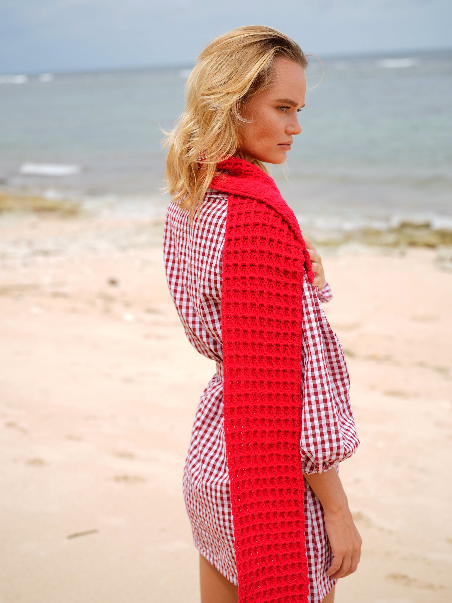 Bufanda de crochet WAFFLE en rojo
