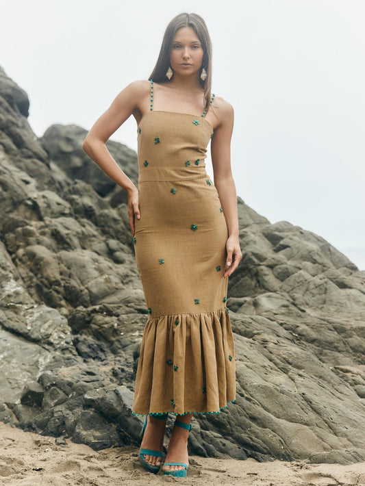 Desirae Midi Dress - Light Fawn & Emeralds - FINAL SALE
