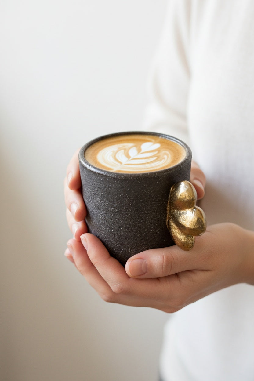 Taza de café artesanal de gres "Pumpernickel" con ala dorada 