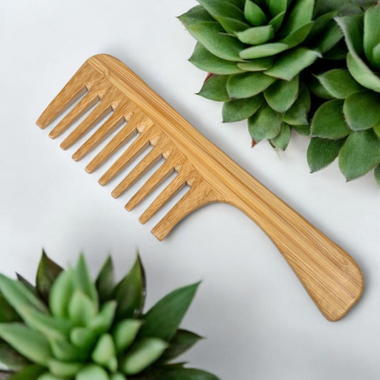 Peine de bambú de dientes anchos con mango | Puntas planas