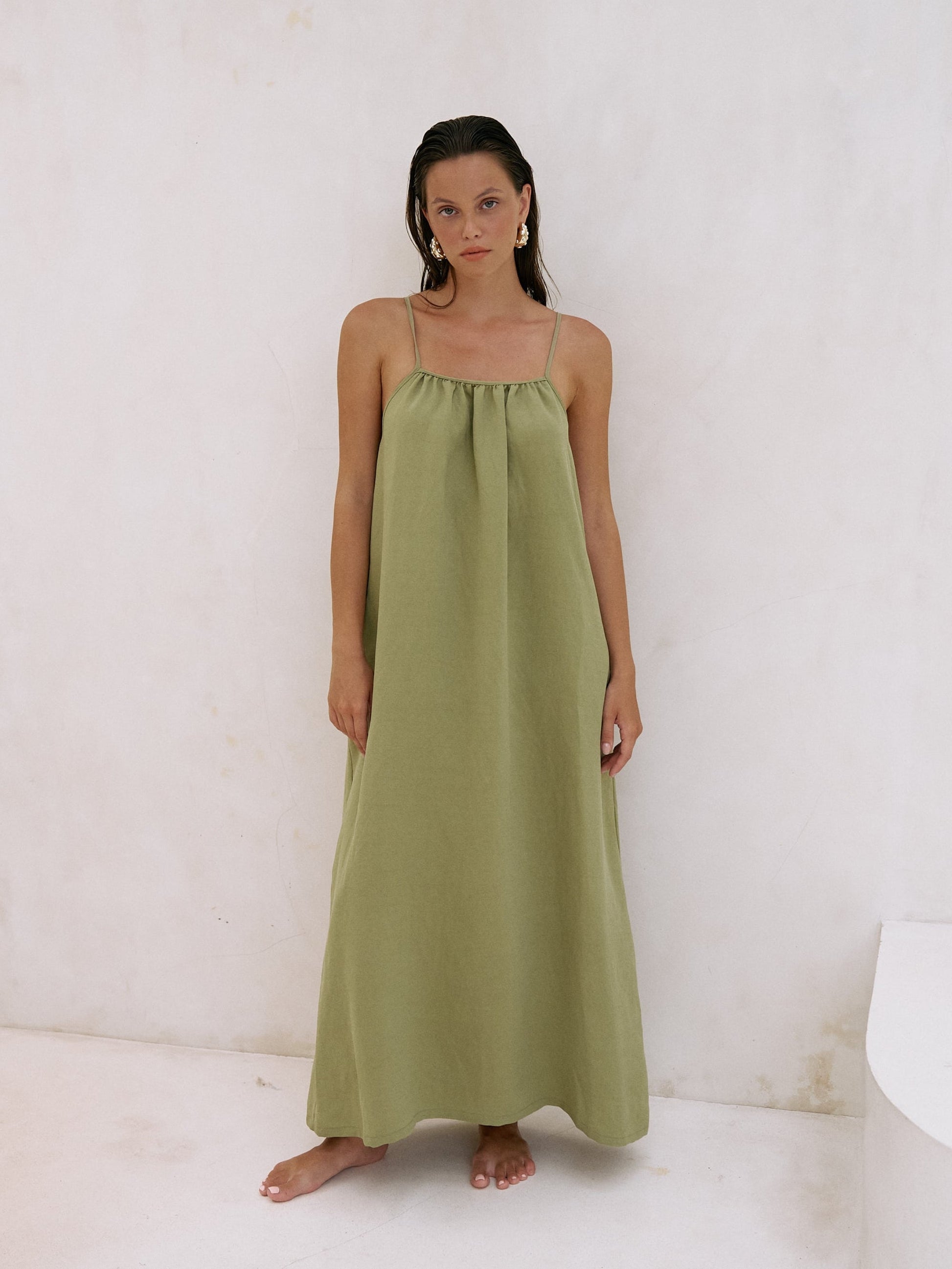 The Handloom Bliss Flow Maxi Dress - Khaki Green | Sustainable Women's  Dresses  WONENA