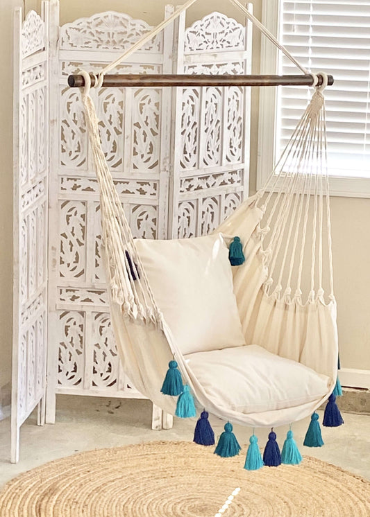Silla hamaca colgante boho azul con borlas | LILY