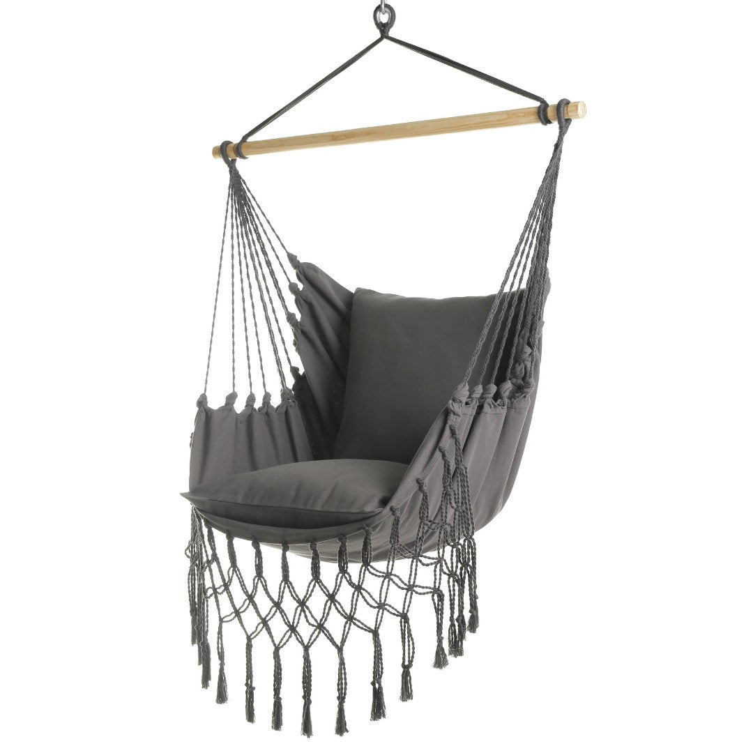 Silla hamaca colgante de macramé estilo boho gris | SERENA