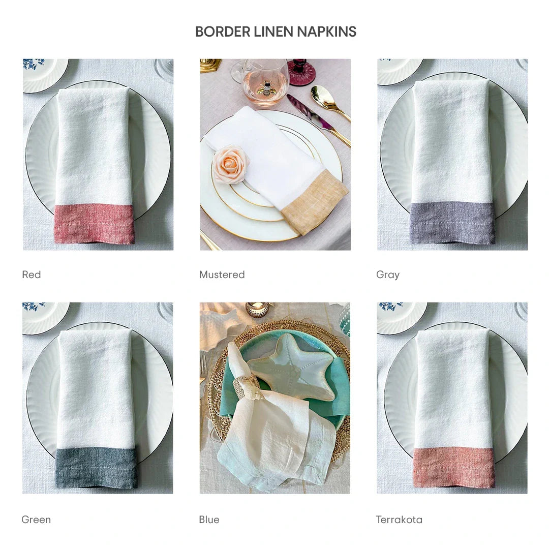 Servilletas blancas de lino con borde rojo