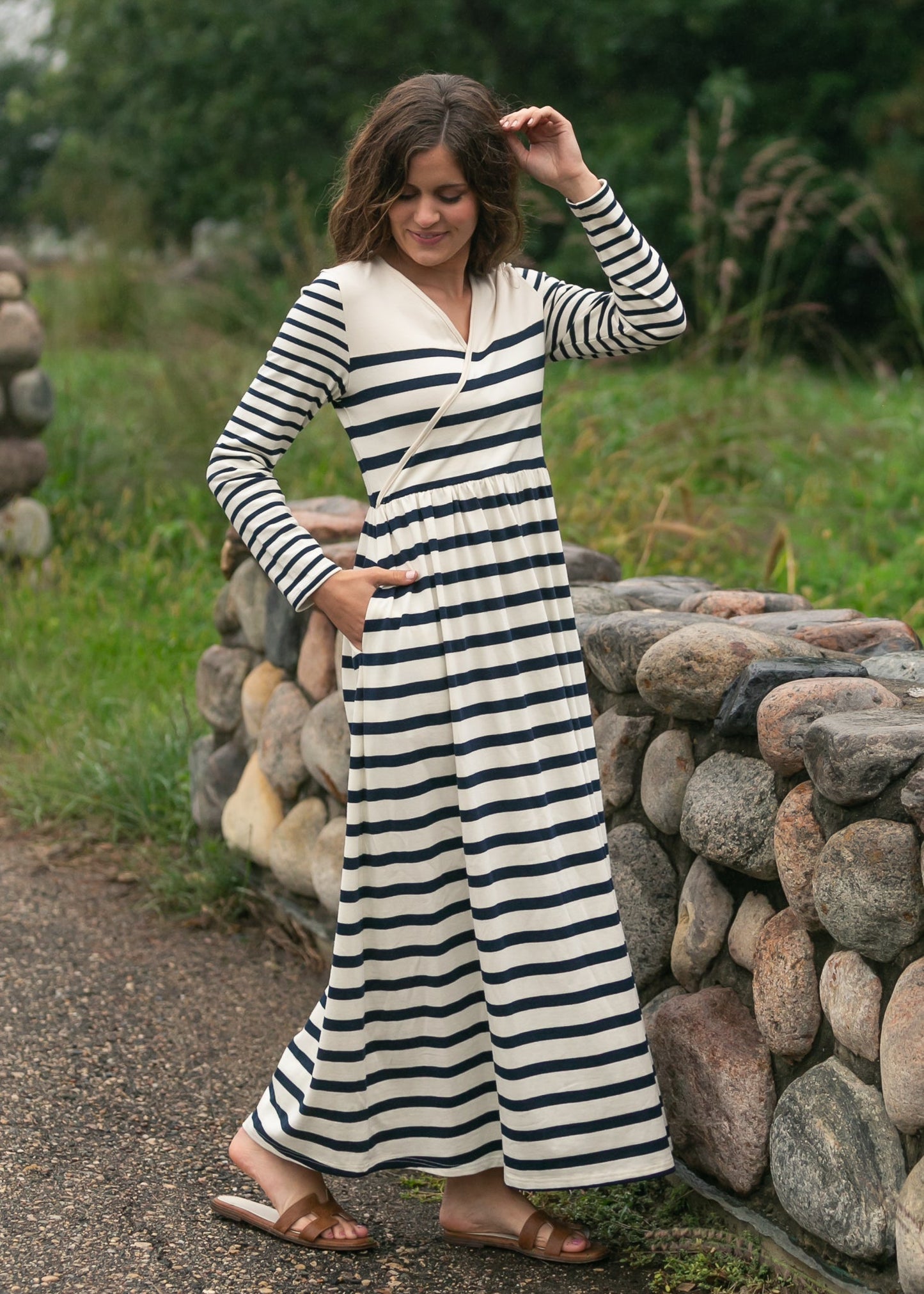 Vestido maxi de punto a rayas Celeste